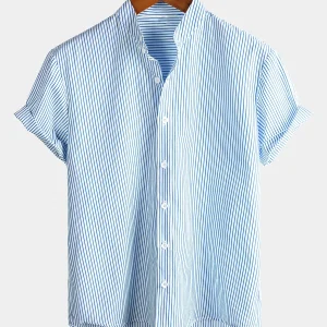 Męski Klasyczny Top Henley z Krótkim Rękawem i Pionowym Wzorem